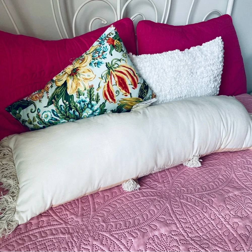 Opalhouse Boho Pink and white embroidered fringe Oversized Oblong Throw Pillow